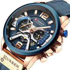 CURREN Mens Leather Watch Chronograph Fashion Military Multi-Function Waterproof Quartz Watch Leather Strap (Gold) (Blue)