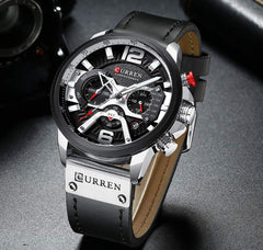 CURREN Mens Leather Watch Chronograph Fashion Military Multi-Function Waterproof Quartz Watch Leather Strap (Silver) (Black)