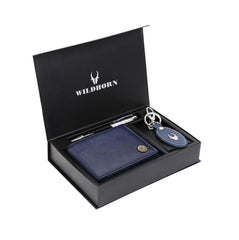 WildHorn® RFID Protected Genuine Leather Wallet & Gift Combo for Men - Navy Blue