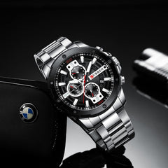 CURREN Men's Chronograph Watch Stainless Steel Case Black Dial 3 Subdials with Date Window Stainless Steel Bracelet, Silver