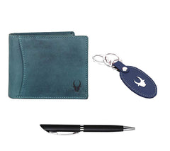 WildHorn® RFID Protected Genuine Leather Wallet & Gift Combo for Men - GIFT1173 BLUE HUNTER+BLK S+BLU KRING-BLUE
