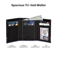 VALENCHI Men's Genuine Leather Rfid Blocking Slim Trifold Wallet With 7 Cards+1 Id Window+2 Note Compartments - Blk/Blue Nappa