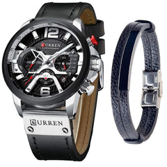 CURREN Watches Men Quartz Leather Chronograph Watch and Fashion Bracelet Set Blue Watches for Men Luxury Wristwatch Gifts (Black)
