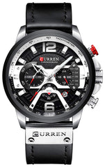 CURREN Mens Leather Watch Chronograph Fashion Military Multi-Function Waterproof Quartz Watch Leather Strap (Silver) (Black)