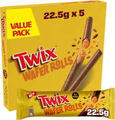 Twix Wafer Rolls Chocolate, Pack of 5x22.5g, 2 Rolls of Twix Chocolate, Crispy Biscuit Layered with Caramel and Milk Chocolate