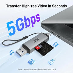 Acer 2-in-1 SD Card Reader (ODK4E0) Gray β USB-C Adapter for SD & microSD Cards, Fast Transfer, Portable Design
