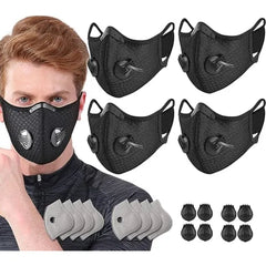 NBDIB 4 Pack Adjustable Reusable Face Protection with 8 Carbon Filters and 8 Valves for Cycling Sport Black