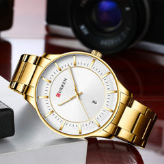 CURREN 8347 Men Wristwatch Wearable Accessories Quartz Watch for Male Watches with Date Waterproof Luminous Pointer Stainless Steel Strap Band - Gold