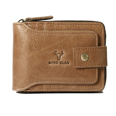 MING CLAN Zipper Wallet Men RFID Blocking Leather Bifold Wallets For Men - Flap ID Window Zip Coin Pocket Mens Zipper Wallets - Big Capacity - Tobacco