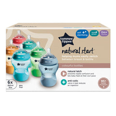 Tommee Tippee Closer to Nature Baby Bottles, Slow-Flow Breast-Like Teat with Anti-Colic Valve, 260ml, Pack of 6, Fiesta Multicoloured