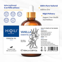 HIQILI Vanilla Essential Oil for Diffuser, Pure Natural Vanilla Oil for Skin, Soap Making, Candle Making -3.38 Fl Oz