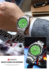 CURREN New Model CURREN-men's analog quartz wristwatches, stainless steel bracelet, luminous hand watch, simple, business, fashion brand, 8451 - SILVER GREEN