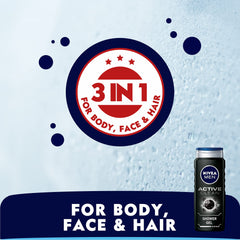 NIVEA MEN Active Clean 3in1 Shower Gel, Cleans Body, Face and Hair, with Active Charcoal, for Purified and Stimulating Skin, for All Skin Types, 500ml (Pack of 2)