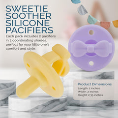 Itzy Ritzy Sweetie Soother Pacifier Set of 2 - Silicone Newborn Pacifiers with Collapsible Handle & Two Air Holes for Added Safety; Set of 2 in Daffodil/Purple Diamond, Ages Newborn & Up