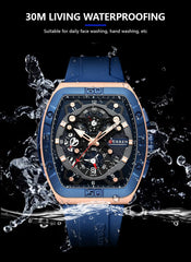 CURREN 8443 Men's Waterproof Quartz Calendar Tape Multifunctional Watch Men's Watch Silicone Band With Orrignal Cureen Box - BLUE