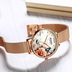 CURREN 9060 Women's Casual Flower Dial 3ATM Waterproof Stainless Steel Mesh Strap Quartz Watch
