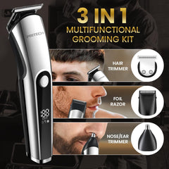 PRITECH Beard Trimmer for Men, 3 in 1 Hair Clippers for Men Kit, Nose Hair Trimmer, Micro Shaver Mens Grooming Kit Cordless Electric Hair Trimmer LED Display IPX6 (Silver)