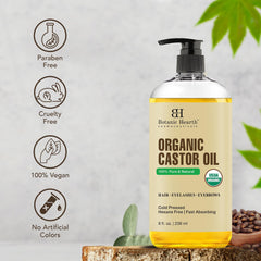 Botanic Hearth Castor Oil | USDA Certified Organic |100% Pure & Hexane Free | Cold Pressed | Growth for Eyelashes, Eyebrows, Hair | 8fl oz