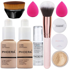 NightGhost Makeup Kit for Women Included 2 Phoera Foundation SPF 20+ 30ml Matte Oil Control, 2 Kabuki Makeup Brushes, Phoera Primer, Powder Foundation, 2 Makeup Sponges (101 Porcelain + 102 Nude)