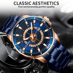 CURREN Men Watches Waterproof Analog Quartz Watch Business Stainless Steel Band Calendar Wrist Watch - Blue