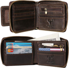 MING CLAN Zipper Wallet Men RFID Blocking Leather Bifold Wallets For Men - Flap ID Window Zip Coin Pocket Mens Zipper Wallets - Big Capacity - Coffee