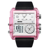 SKMEI Men's Square Watch, LED Backlight Large Screen Multi-Time Zone Men's Watch, Waterproof Analog Men's Digital Sports Watch, 2020 - Pink Transparent