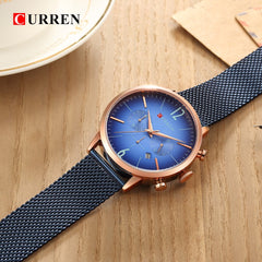Curren Quartz Analog Watch Stainless Steel Band Wristwatch with Date Display, 8313 - Blue, Rose Gold