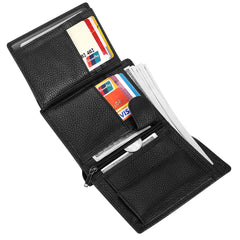 HAWEE Trifold Billfold RFID Blocking Cowhide Leather Wallet for Men 10 Card Slots 2 ID Windows with Coin Pocket - Black Lichi Grain