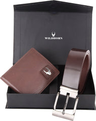 WildHorn® RFID Protected Genuine Leather Wallet & Gift Combo for Men - GIFTBOX001-BROWN