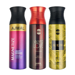 Ajmal 1 Magnetize for Men & Women, 1 Sacred Love for Women and 1 Aurum Femme for Women Deodorants each 200ML Combo pack of 3 (Total 600ML) + 3 Parfum Testers