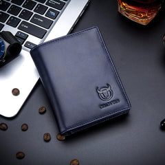 BULLCAPTAIN Large Capacity Genuine Leather Bifold Wallet/Credit Card Holder for Men with 15 Card Slots QB-027, Blue, Small, Modern