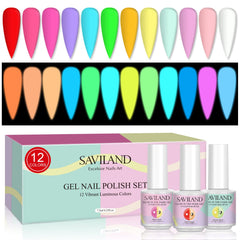 SAVILAND Glows in The Dark Gel Nail Polish Set - 12 Colors Luminous Neon Nail Gel Polish Set Soak off U V/LED Glow Effect Nail Polish for DIY Nail Art Design Valentines Day Gifts for Women