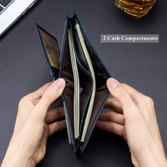 BULLCAPTAIN Large Capacity Genuine Leather Bifold Wallet/Credit Card Holder for Men with 15 Card Slots QB-027 (Teal)