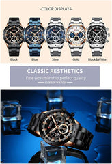 CURREN Business Quartz Men Watch 3ATM Waterproof Large Case Big Dial Luminous Wrist Watch Calendar Minute Second Chronograph 24-Hours Three Sub-Dials Wristwatch with Alloy Strap Band