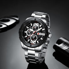 CURREN Men's Chronograph Watch Stainless Steel Case Black Dial 3 Subdials with Date Window Stainless Steel Bracelet, Silver