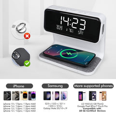 NALACAL Wireless Charging Alarm Clock 15W Max for Heavy Sleepers Digital Clock with Date and Temperature Night Light Desk Clock with Phone Charger Electronic LED Display for Office Bedroom Livingroom