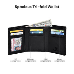 VALENCHI Men's Genuine Leather Rfid Blocking Slim Trifold Wallet With 7 Cards+1 Id Window+2 Note Compartments - Black Carbon