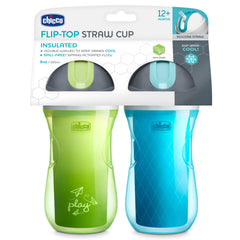 Chicco 9oz. Double-Wall Insulated Flip-Top Sippy Cup with Silicone Straw and Spill-Free Lid | Top-Rack Dishwasher Safe | Easy to Hold with Ergonomic Indents | Green Play/Teal, 2pk | 12+ months