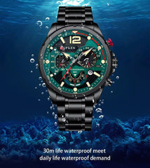 CURREN Chronograph Watches for Mens Military Multi-Function Waterproof Quartz Stainless Steel Watch - Blue