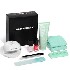 LONDONTOWN Pedi Prep & Polish Set - 8-Piece Pedicure Foot Care Kit with Nail Tools, Glass Foot File, and lakur Nail Polish, .40fl oz