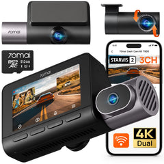 70MP A11 4K T800 Dash Cam with 3 Channels (Front & Rear) (2160P+2160P+1080P), Starface 2 IMX678, HDR Night Vision, Car Dash Cam with 512GB Card, Wi-Fi 6, 4G LTE, ADAS, 24-Hour Parking Mode