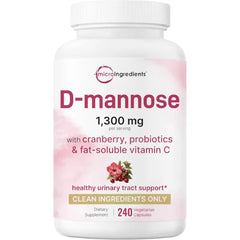 Micro Ingredients D Mannose 1,300mg Per Serving with Cranberry | 240 Veggie Capsules + Fat-Soluble Vitamin C & 1 Million CFU Probiotics Blend | Daily D Mannose Formula for Women | Filler Free, Non-GMO