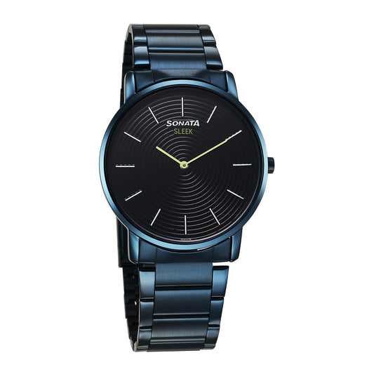 Sonata Sleek Quartz Analog Blue Dial Blue Stainless Steel Strap Watch for Men, Blue