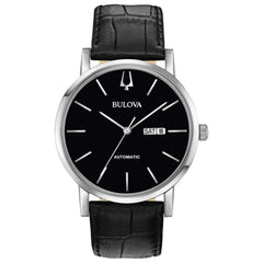 Bulova Men's Classic American Clipper 3-Hand Automatic Leather Strap Watch, Day Date Calendar, 40 Hour Power Reserve, Exhibition Case Back, 42mm - Black