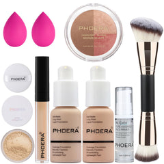 PHOERA Foundation, PHOERA Contour Palette,Shades with Highlighter & Bronzer & Blush,Up to 24 Hour Fresh Wear,PHOERA Concealer Primer Powder (102+103+ #001 Contour/Nude+Warm peach+#001)