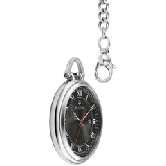 Bulova Classic Pocket Watch 3-Hand Date Quartz Stainless Steel, Black Dial with Detachable Chain Style: 96B308, Silver Tone, Classic Pocket Watch