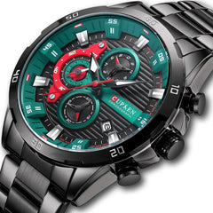 CURREN Chronograph Watches for Mens Military Multi-Function Waterproof Quartz Stainless Steel Watch - Black
