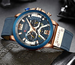 CURREN Mens Leather Watch Chronograph Fashion Military Multi-Function Waterproof Quartz Watch Leather Strap (Gold) (Blue)