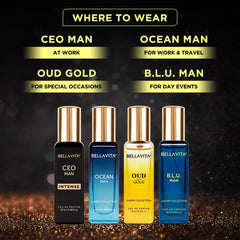 BellaVita Luxury Eau De Parfum Gift Set for Men | Includes OUD Gold, Ocean, B.L.U, & CEO Man Perfume | Long-Lasting Fragrance | Mens Perfume Set | Oud Perfume for Men | Collection Perfumes β 4 x 20ml