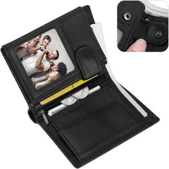 HAWEE Trifold Billfold RFID Blocking Cowhide Leather Wallet for Men 10 Card Slots 2 ID Windows with Coin Pocket - Black